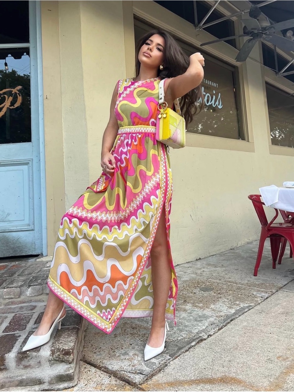 1960’s Emilio Pucci Pink, Yellow & Orange Wave-Print Sleeveless Maxi Dress